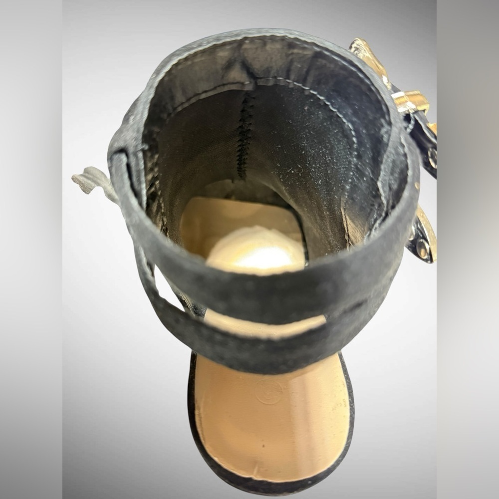 Black Faux Suede Peep Toe Block Heel Boots with buckle detailing Size 6 - Picture 9 of 15